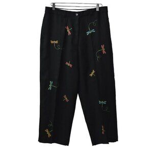 Jillian Jones Linen Capri Pants Womens 14 Dragonfly Embroidery Black